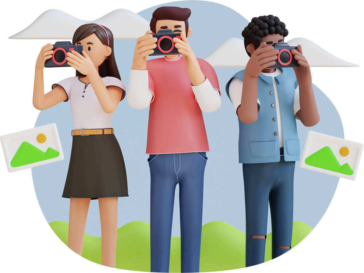 young man and girl take photo on camera lens 3d character illustration