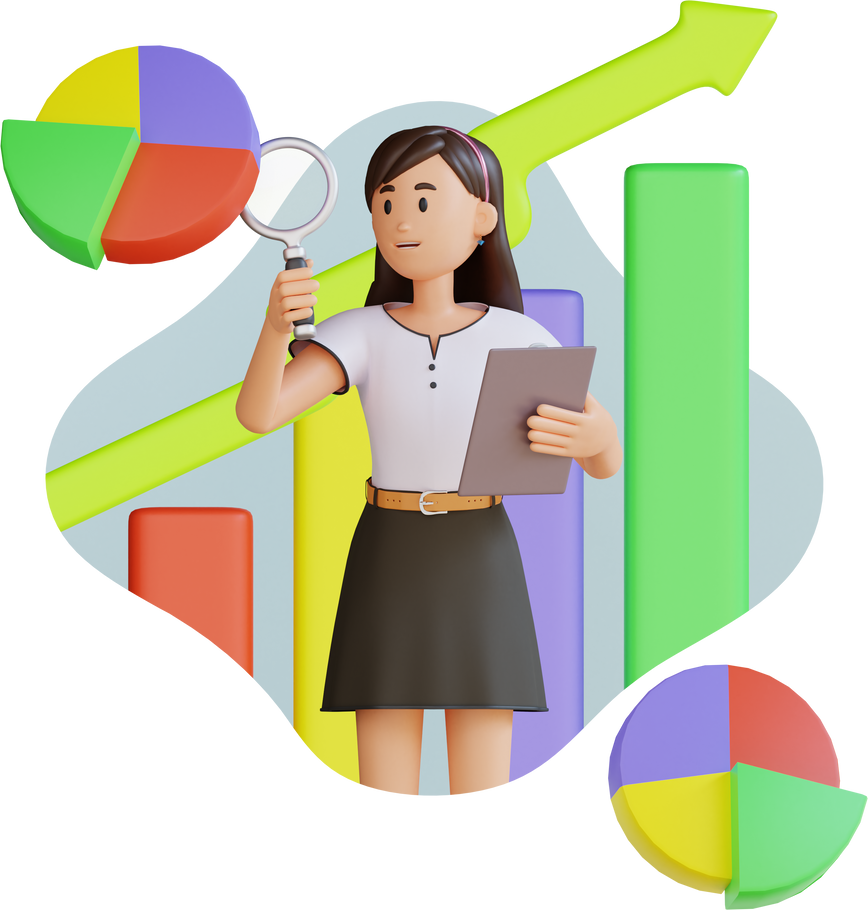 young girl holding a magnifying glass 3D character illustration